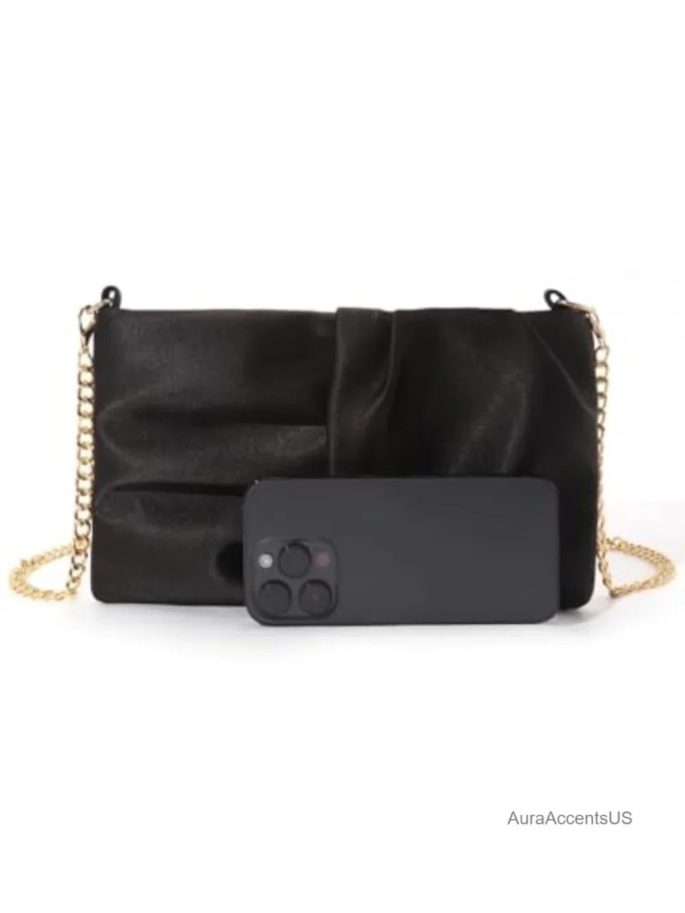 Satin Ruched Evening Clutch with Detachable Chain